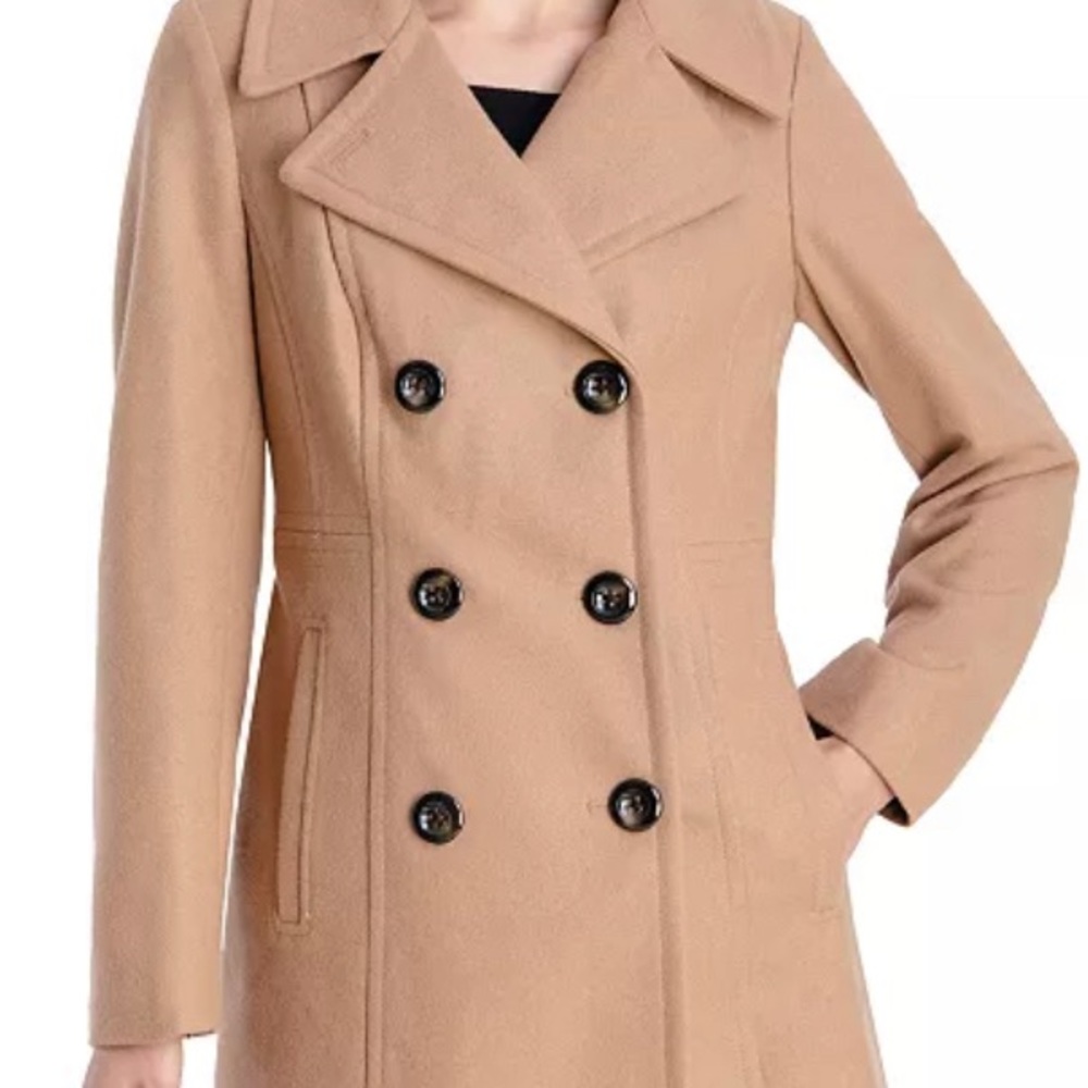 Double-breasted button front collared peacoat.